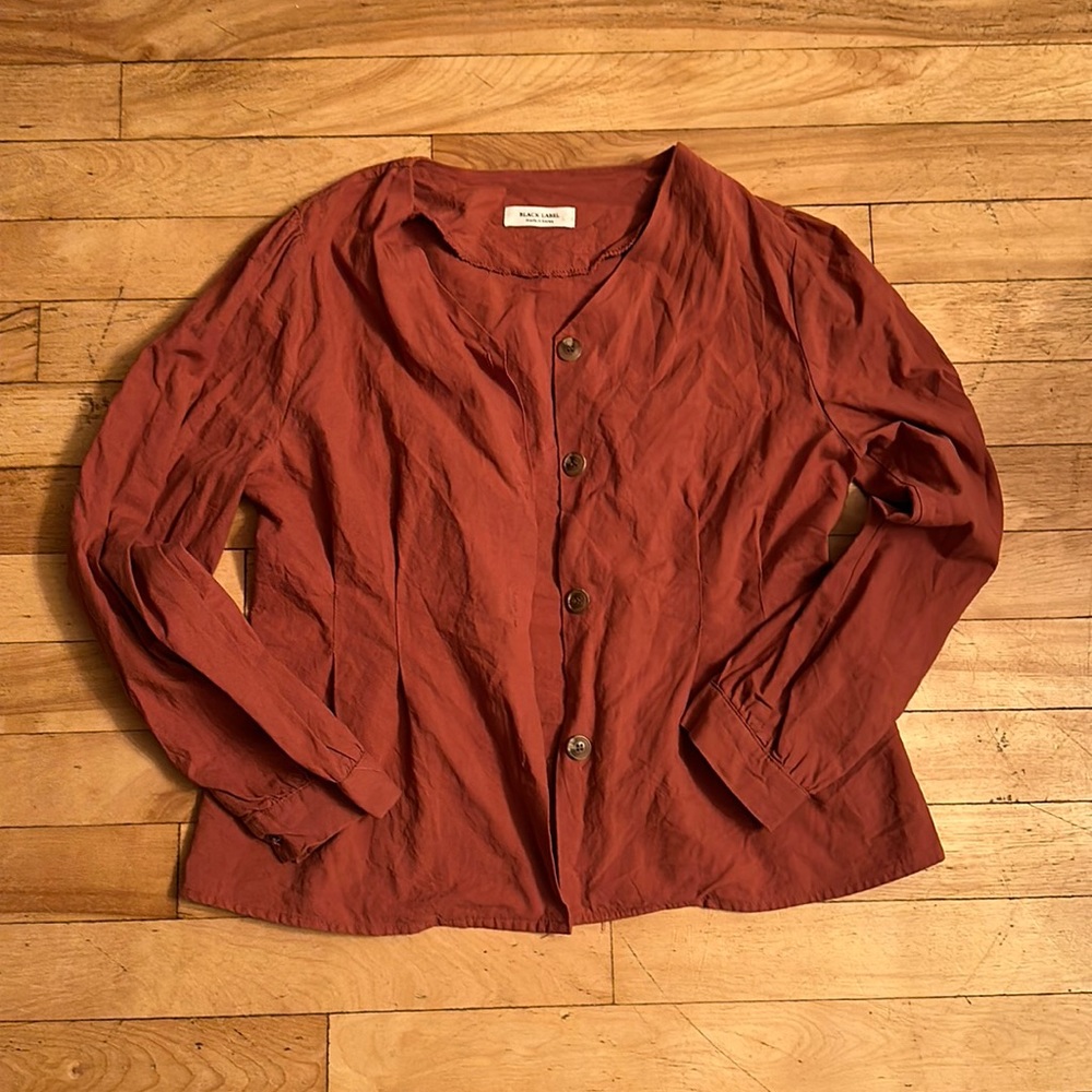 Terra cotta coloured blouse, size small, black label purchased at Simons